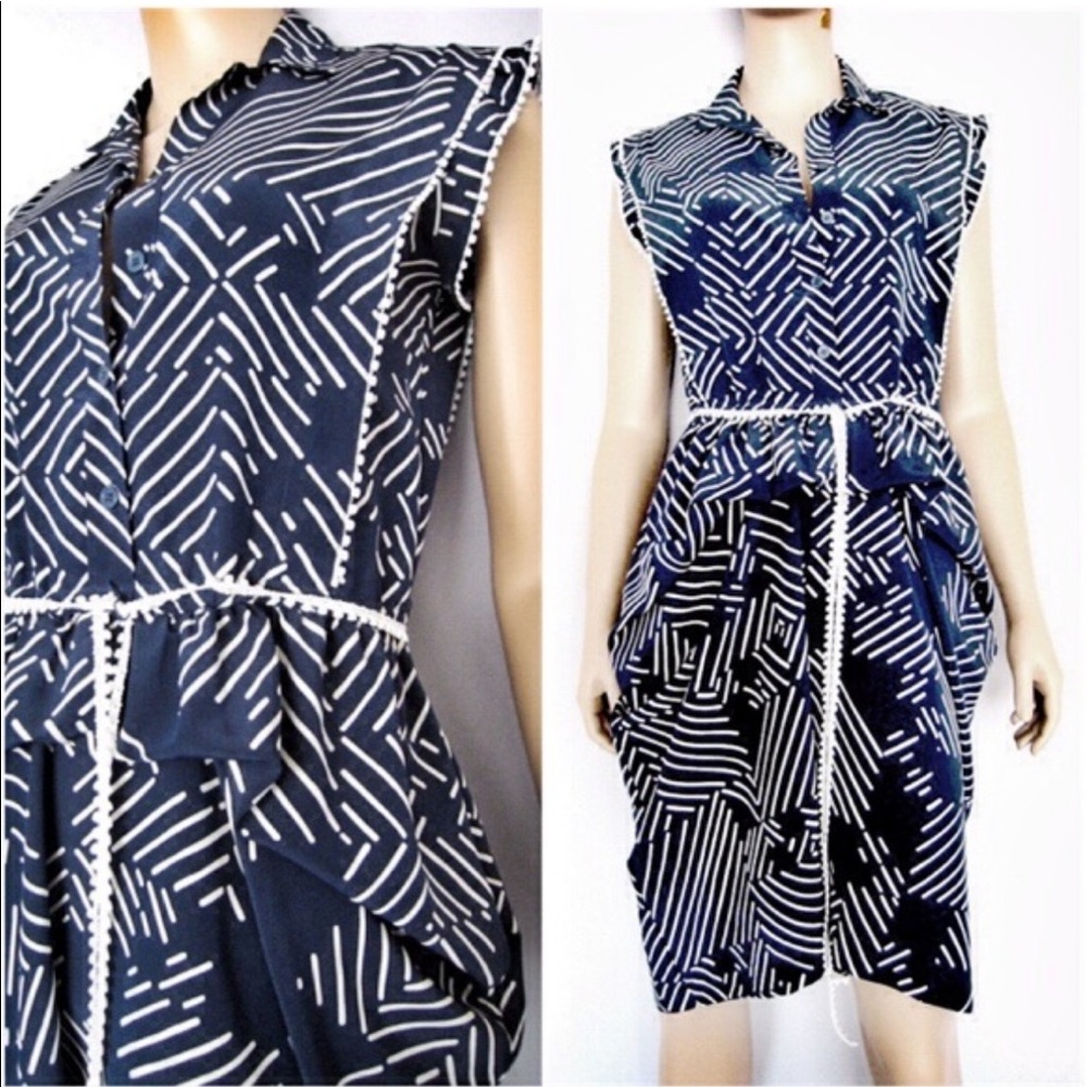 🇺🇸 VINTAGE Upcycled Drape Shirt Dress navy abstract print J-811